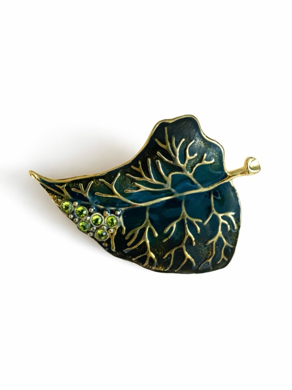 Vintage Green Leaf Enamel Rhinestones Gold Tone Brooch